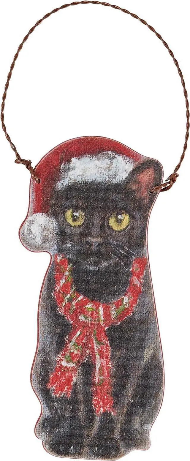 Main image of Primitives By Kathy Black Cat with Santa Hat and Scarf Wooden Christmas Ornament