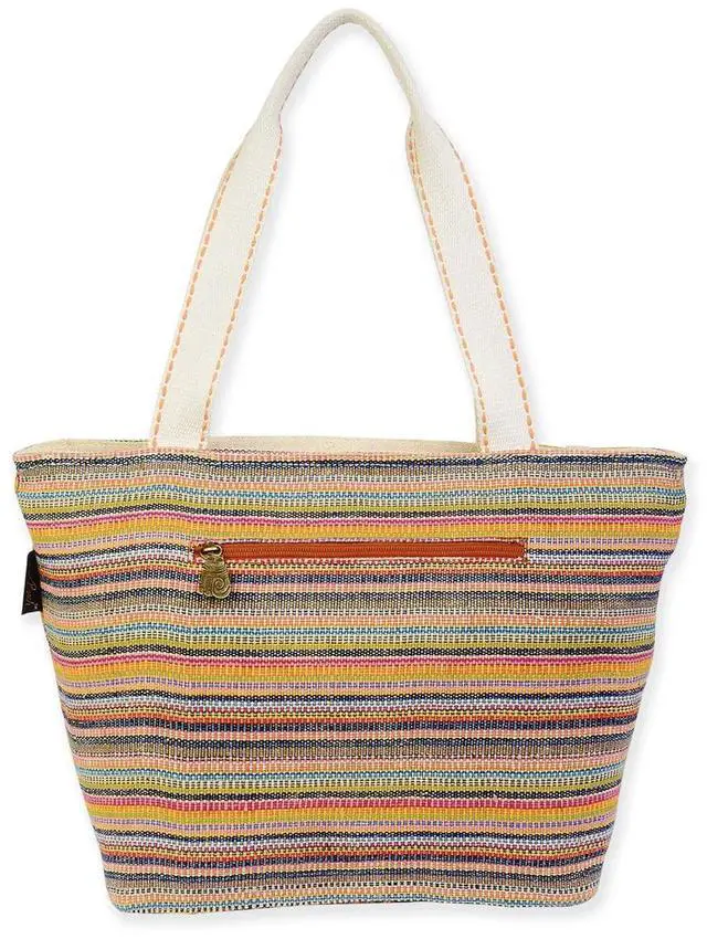 Alt view image 2 of 3 - Sun'N'Sand Teal Tabby Rainbow Stripes Shoulder Tote, 17'' x 5.5'' x 11.5''