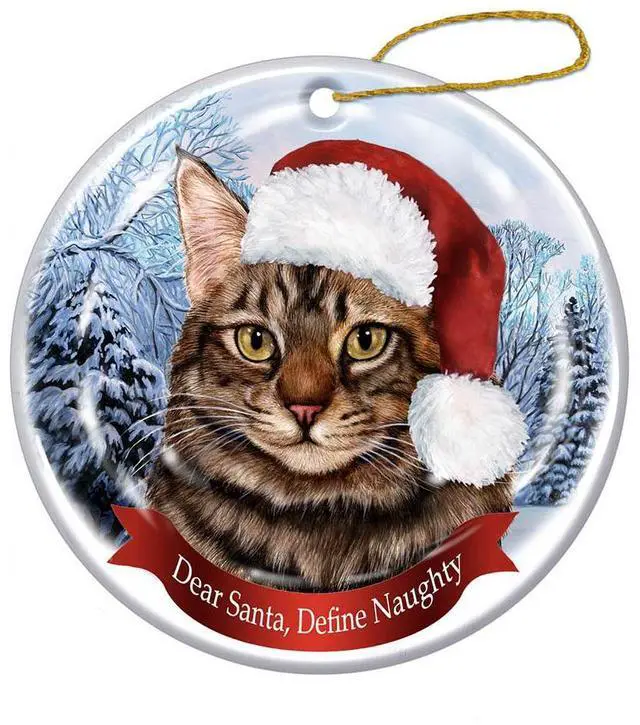 Main image of Holiday Maine Coon Cat, Brown Tabby Santa Hat Cat Porcelain Christmas Ornament