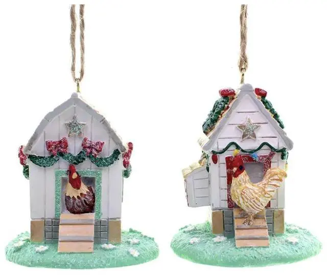 Main image of Kurt Adler Chicken Coop Ornaments, Set of 2, 2.6"