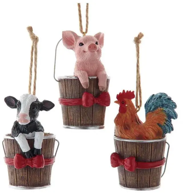 Main image of Kurt Adler Farm Animals In Bucket, Cow Pig, Rooster Christmas Tree Ornaments, 3"