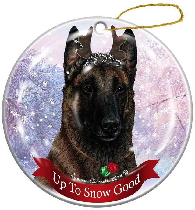 Main image of Belgian Malinois Deep Mahogany Reindeer Dog Porcelain Christmas Ornament