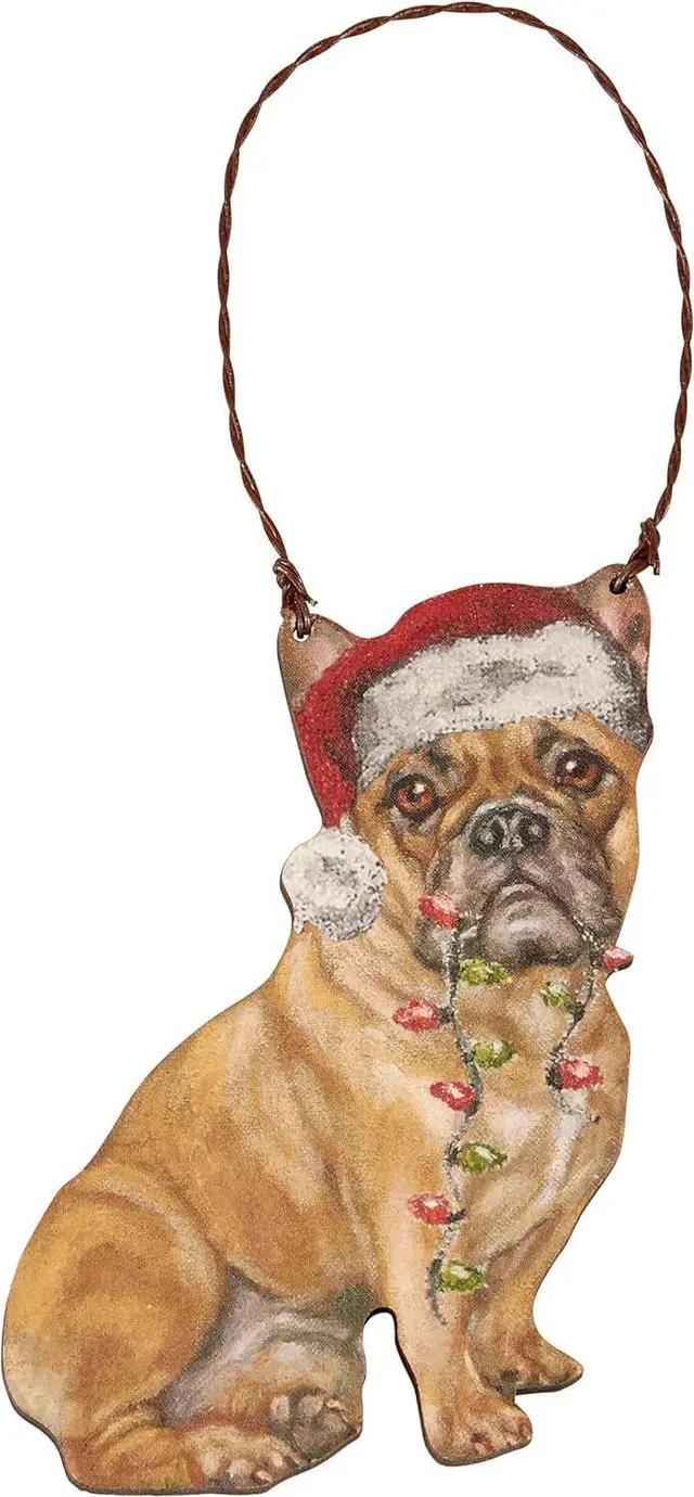 Main image of Primitives By Kathy French Bulldog with Santa Hat Wooden Christmas Ornament