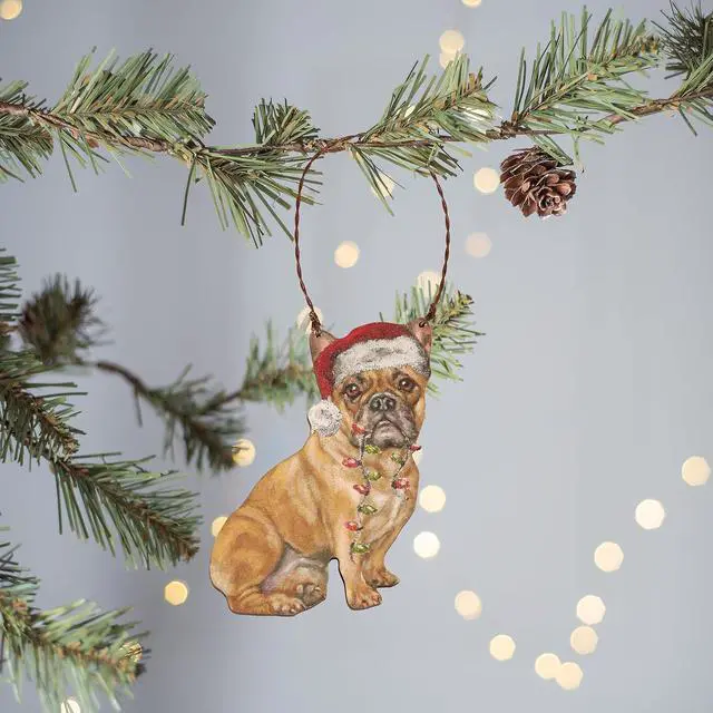 Alt view image 2 of 3 - Primitives By Kathy French Bulldog with Santa Hat Wooden Christmas Ornament