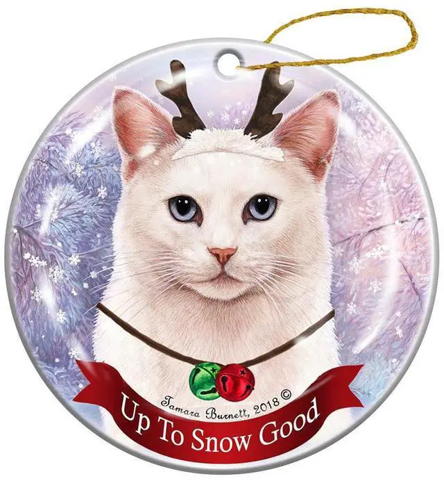 Main image of Holiday Pet Gifts White Shorthaired Blue Eye Cat Porcelain Christmas Ornament
