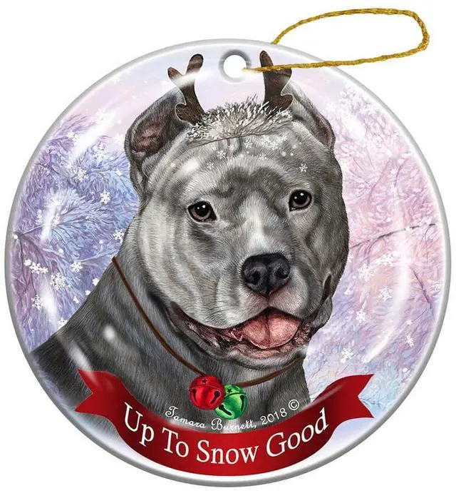Main image of Holiday Pet Gifts Blue Pit Bull Cropped Dog Porcelain Christmas Ornament