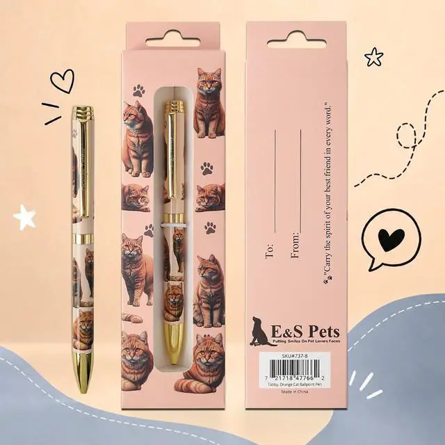 Main image of E&S Pets Refillable Ball Point Pen in Gift Box, Orange Tabby Cat
