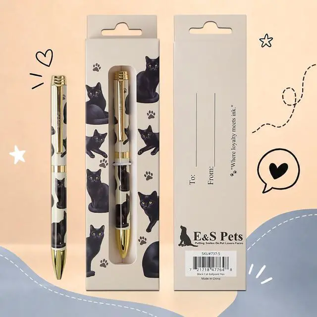 Main image of E&S Pets Refillable Ball Point Pen in Gift Box, Black Cat