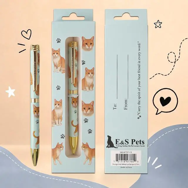 Main image of E&S Pets Refillable Ball Point Pen in Gift Box, Orange and White Cat