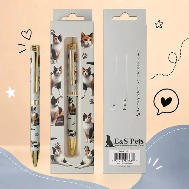 Main image of E&S Pets Refillable Ball Point Pen in Gift Box, Calico Cat