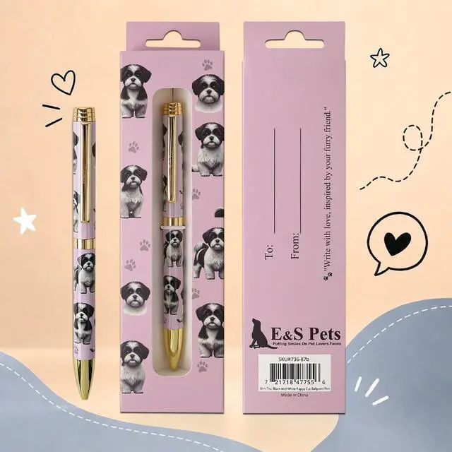 Main image of E&S Pets Refillable Ball Point Pen in Gift Box, Black/White Shih Tzu Puppy Cut
