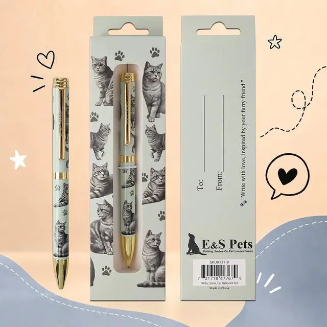 Main image of E&S Pets Refillable Ball Point Pen in Gift Box, Silver Tabby Cat