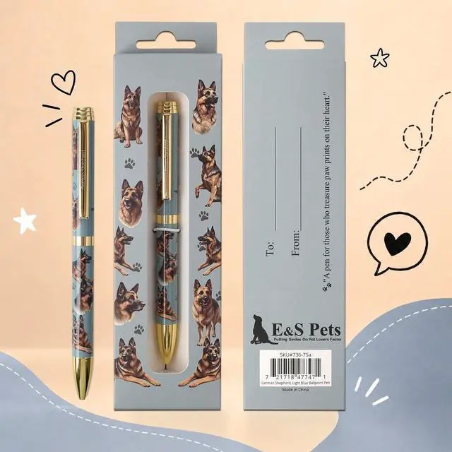 Alt view image 4 of 4 - E&S Pets Refillable Ball Point Pen in Gift Box, German Shepherd Light Blue Pen