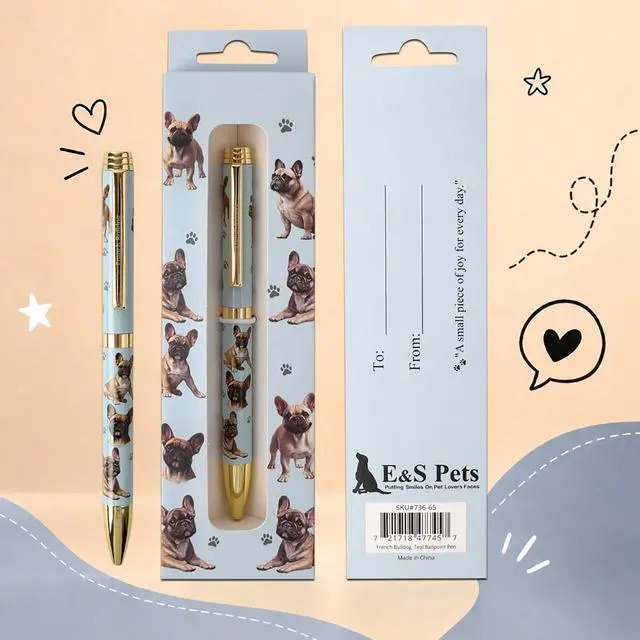 Main image of E&S Pets Refillable Ball Point Pen in Gift Box, French Bulldog Teal Pen