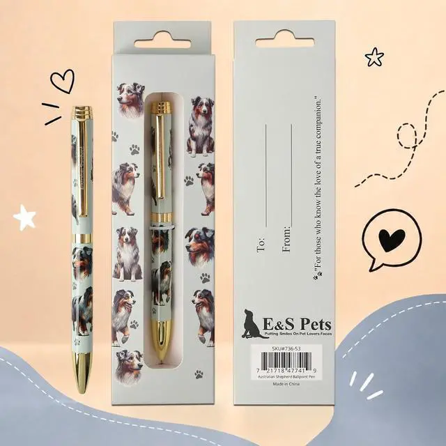 Alt view image 4 of 4 - E&S Pets Refillable Ball Point Pen in Gift Box, Australian Shepherd Dog