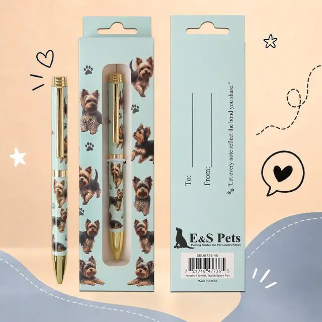 Main image of E&S Pets Refillable Ball Point Pen in Gift Box, Yorkshire Terrier Dog Teal Pen