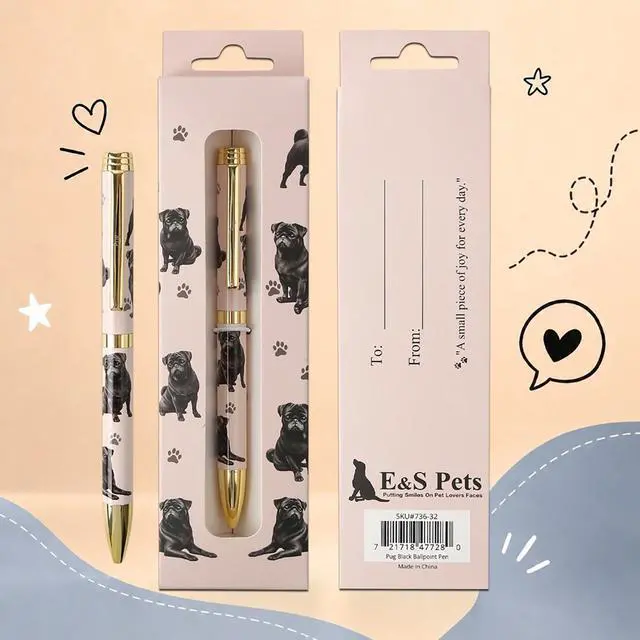 Main image of E&S Pets Refillable Ball Point Pen in Gift Box, Black Pug Dog