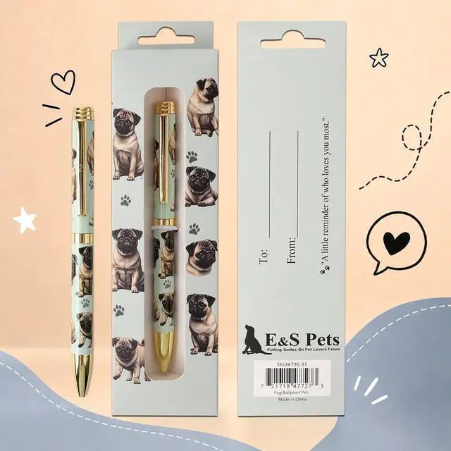 Main image of E&S Pets Refillable Ball Point Pen in Gift Box, Tan Pug