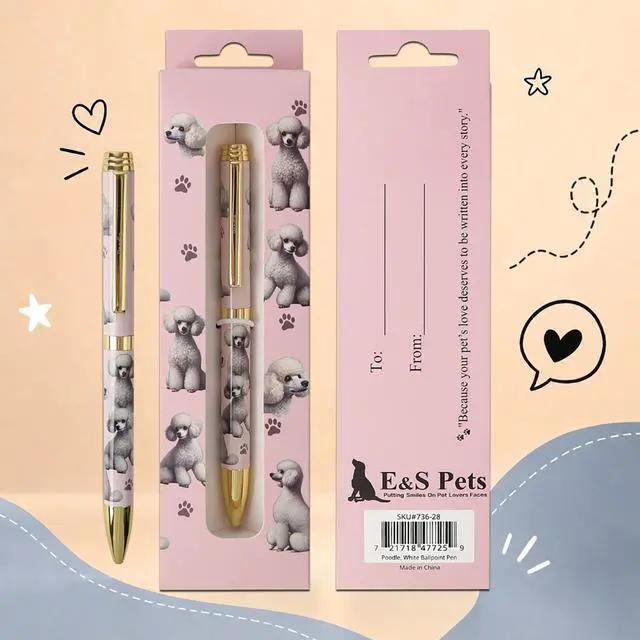 Main image of E&S Pets Refillable Ball Point Pen in Gift Box, White Poodle
