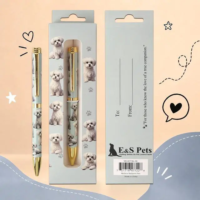 Main image of E&S Pets Refillable Ball Point Pen in Gift Box, Maltese Dog