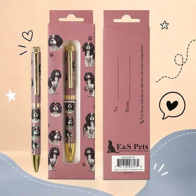 Alt view image 4 of 4 - E&S Pets Refillable Ball Point Pen in Gift Box, King Charles Cavalier Tri-color