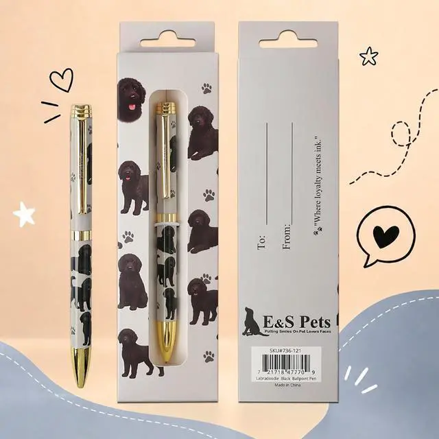 Main image of E&S Pets Refillable Ball Point Pen in Gift Box, Black Labradoodle Dog