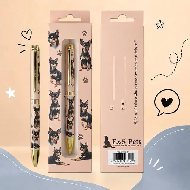 Main image of E&S Pets Refillable Ball Point Pen in Gift Box, Black Chihuahua Dog