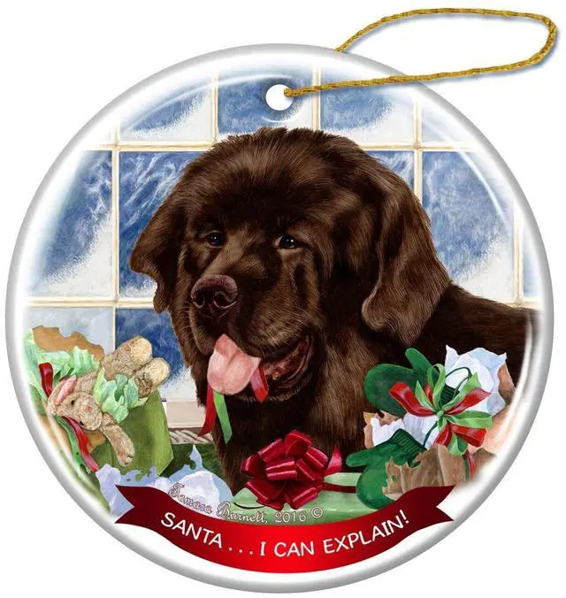 Main image of Chocolate Newfoundland Dog Porcelain Ornament Pet Gift 'Santa.. I Can Explain!'