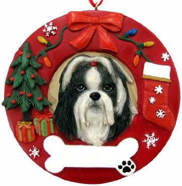 Main image of E&S Pets Black and White Shih Tzu Christmas Ornament Wreath Shaped Easily Personalized