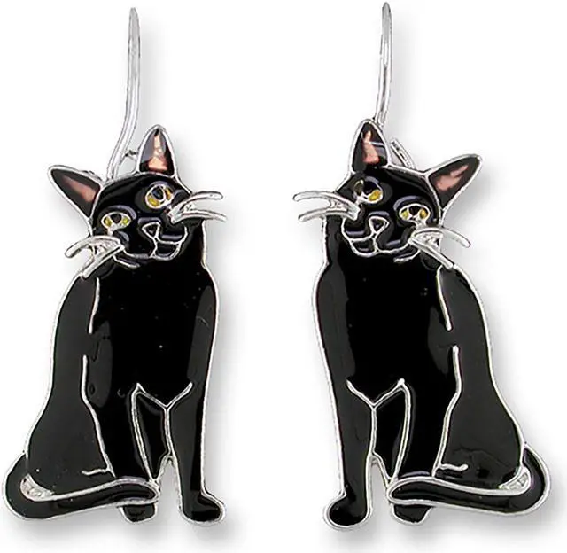 Main image of Marilyn Grame Silver Plated Black Kitty Cat Dangle Earrings by Zarah