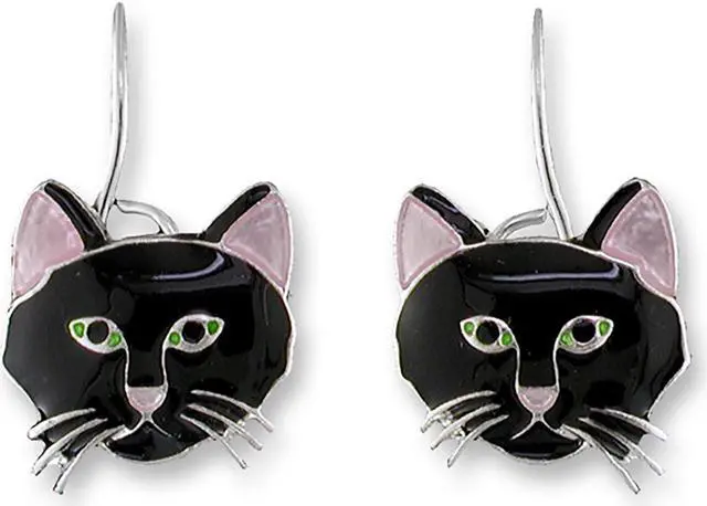 Main image of Paul Brent Silver Plated Black Cat Face Dangle Earrings