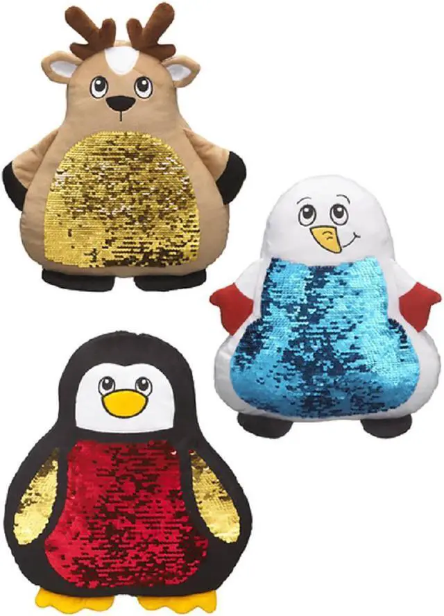 Main image of Ganz Holiday Sequin Pillows, Set of 3 - Penguin, Snowman, Reindeer 14"