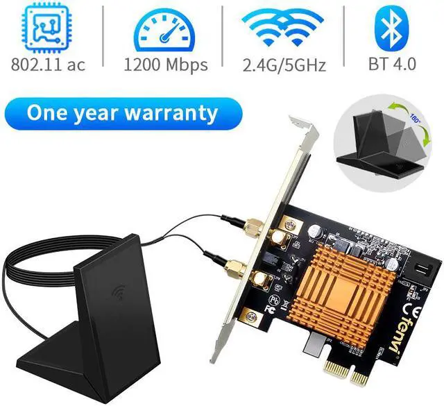 Alt view image 3 of 7 - Fenvi FV-8802 AC1200 Wireless Bluetooth Dual Band PCI Express Wi-Fi Adapter, Up to 867Mbps (5Ghz) + 300Mbps (2.4Ghz), with 802.11ac Intel Wifi Card,Directional Antennna, For Desktop PC, Windows 7/8/10