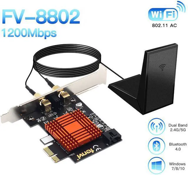Alt view image 2 of 7 - Fenvi FV-8802 AC1200 Wireless Bluetooth Dual Band PCI Express Wi-Fi Adapter, Up to 867Mbps (5Ghz) + 300Mbps (2.4Ghz), with 802.11ac Intel Wifi Card,Directional Antennna, For Desktop PC, Windows 7/8/10