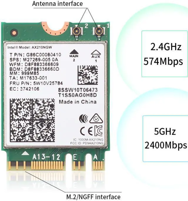Alt view image 7 of 7 - Fenvi Wi-Fi 6E AX210 802.11ax WiFi Card Tri-Band 2400Mbps 5G/6G Wireless Module MU-MIMO for Laptop ,With Intel AX210NGW,Bluetooth 5.3,Internal WiFi Wlan Adapter Support Win 10/11 64bit,M.2/NGFF 2230