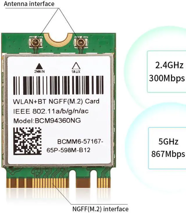 Alt view image 5 of 7 - Plug & Play Hackintosh macOS M.2 NGFF BCM94360NG Wifi 802.11ac Bluetooth 4.0 Network Card Support Handoff & Airdrop & Continuity Wireless 2.4G/5Ghz 1200Mbps for PC Laptop Better BCM94352Z DW1560