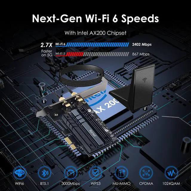 Alt view image 6 of 7 - fenvi FV-AX3000 Wifi6 3000Mbps PCIe Wireless Wifi Adapter Intel AX200 Network Wlan Card Bluetooth 5.0 For PC, 802.11ax/ac, Wi-Fi 6 Dual Band 2.4G/5Ghz,MU-MIMO, Windows 10/11,PCI Express Magnet Antenna