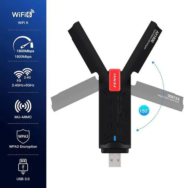 Alt view image 2 of 7 - Fenvi FU-AX1800P USB WiFi 6 Adapter Dual Band AX1800 Wifi6 USB 3.0 MU-MIMO Wireless Internet Network for Desktop PC Laptop Windows 7/10/11, 802.11AX WI-FI 2.4GHz/574M,5GHz/1200Mbps Network Wlan Card