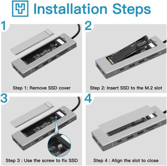 Alt view image 7 of 7 - Fenvi 8 in 1 USB-C Hub with M.2 NVMe/SATA SSD Enclosure, 10Gbps 4K HDMI, 100W PD, USB-C 3.1 & USB 3.1, USB 2.0,  SD/TF Reader, Aluminum Alloy USB Type C SSD Enclosure for Laptop Macbook PC