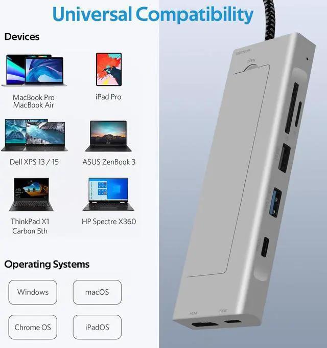 Alt view image 2 of 7 - Fenvi 8 in 1 USB-C Hub with M.2 NVMe/SATA SSD Enclosure, 10Gbps 4K HDMI, 100W PD, USB-C 3.1 & USB 3.1, USB 2.0,  SD/TF Reader, Aluminum Alloy USB Type C SSD Enclosure for Laptop Macbook PC