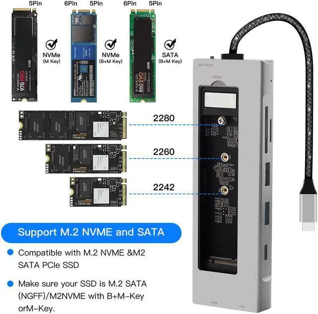 Alt view image 6 of 7 - Fenvi 8 in 1 USB-C Hub with M.2 NVMe/SATA SSD Enclosure, 10Gbps 4K HDMI, 100W PD, USB-C 3.1 & USB 3.1, USB 2.0,  SD/TF Reader, Aluminum Alloy USB Type C SSD Enclosure for Laptop Macbook PC