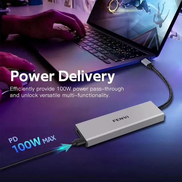 Alt view image 3 of 7 - Fenvi 8 in 1 USB-C Hub with M.2 NVMe/SATA SSD Enclosure, 10Gbps 4K HDMI, 100W PD, USB-C 3.1 & USB 3.1, USB 2.0,  SD/TF Reader, Aluminum Alloy USB Type C SSD Enclosure for Laptop Macbook PC