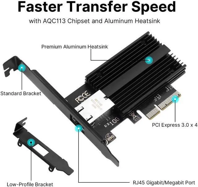 Alt view image 6 of 6 - Fenvi 10G Base-T PCI-e Network Card Marvell AQC113C, 10Gbps RJ45 Port NIC Card with Standard & Low-Profile Brackets, Support Windows10/11/Server