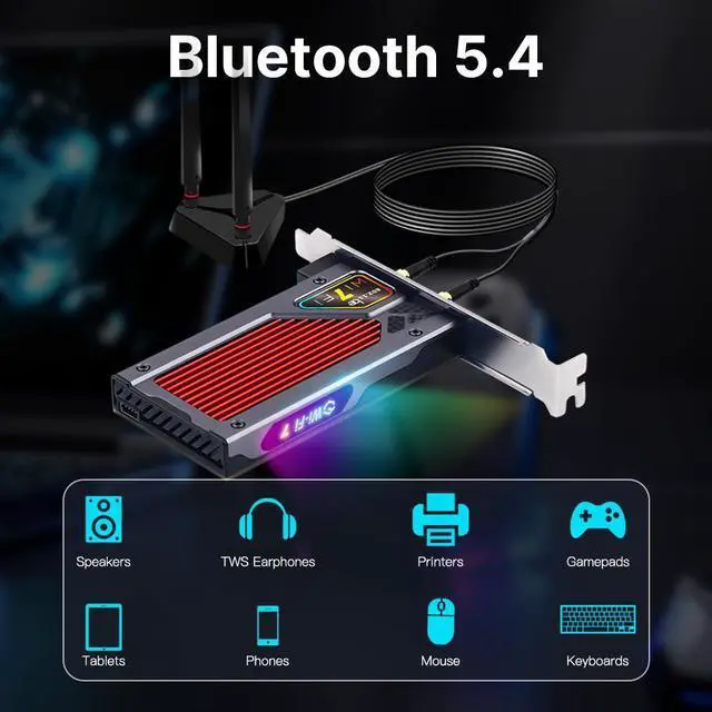 Alt view image 5 of 7 - Fenvi WiFi 7 8774Mbps PCIe Wi-Fi Card with Bluetooth 5.4, 802.11be Tri-Bands(6GHz/5G/2.4G) Wireless Adapter, RGB Lighting, Supports Win 10/11(64bit),WPA3 Network Security,Not Support AMD