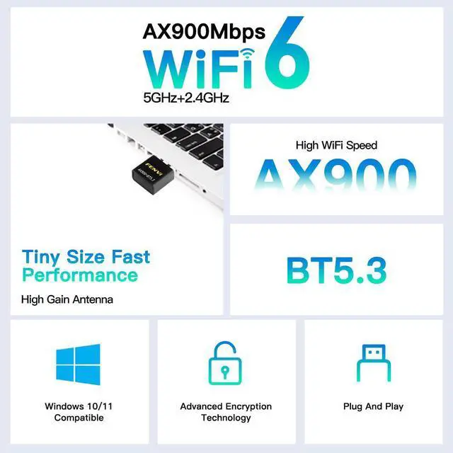 Alt view image 2 of 6 - FENVI Wireless USB WiFi 6 Adapter AX900 Bluetooth 5.3 USB Dongle, 802.11ax Dual Band 5G/2.4Ghz 900Mbps Wi-Fi6 Receiver Network Adapter , Free Driver Support Windows 10 32/64bit,Windows 11(64bit)