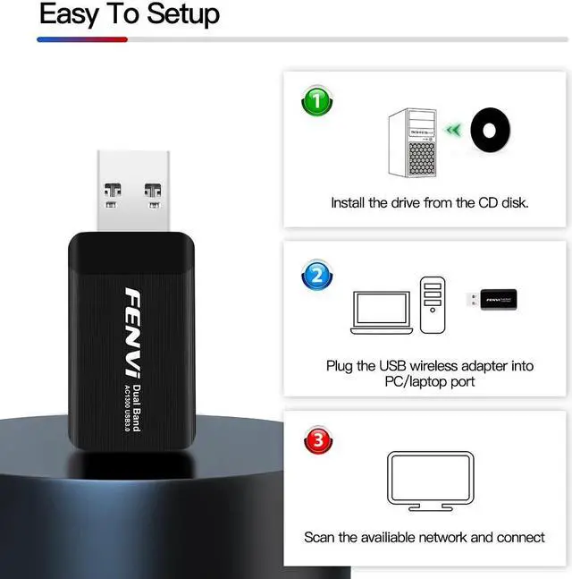 Alt view image 5 of 6 - Fenvi Wireless USB WiFi Adapter for PC - 802.11AC 1300Mbps Dual Band 5G/2.4G WiFi USB 3.0 Wi-Fi Dongle  for PC Desktop Laptop Windows 10/8/8.1/7/Mac OS X 10.9-10.15, WiFi USB Computer Network Adapters