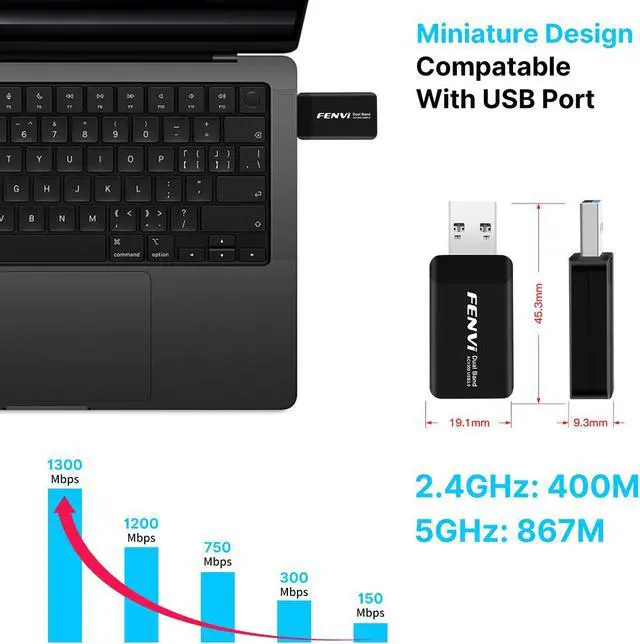 Alt view image 3 of 6 - Fenvi Wireless USB WiFi Adapter for PC - 802.11AC 1300Mbps Dual Band 5G/2.4G WiFi USB 3.0 Wi-Fi Dongle  for PC Desktop Laptop Windows 10/8/8.1/7/Mac OS X 10.9-10.15, WiFi USB Computer Network Adapters