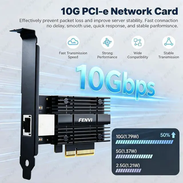 Main image of FENVI 10G PCIe Network Card, PCIe X4 to Single-Port 10GbE RJ45 Ethernet Adapter, Realtek RTL8127 Chip, Supports 10G/5G/2.5G/1G/100M, Low-Profile Bracket Included, Compatible with Windows/Linux/VMware/
