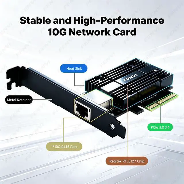 Alt view image 6 of 7 - FENVI 10G PCIe Network Card, PCIe X4 to Single-Port 10GbE RJ45 Ethernet Adapter, Realtek RTL8127 Chip, Supports 10G/5G/2.5G/1G/100M, Low-Profile Bracket Included, Compatible with Windows/Linux/VMware/