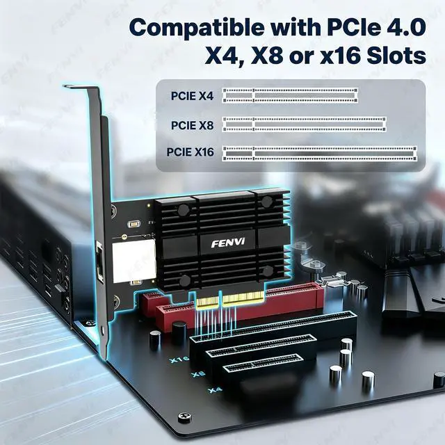 Alt view image 2 of 7 - FENVI 10G PCIe Network Card, PCIe X4 to Single-Port 10GbE RJ45 Ethernet Adapter, Realtek RTL8127 Chip, Supports 10G/5G/2.5G/1G/100M, Low-Profile Bracket Included, Compatible with Windows/Linux/VMware/
